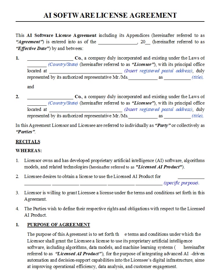AI SOFTWARE LICENSE AGREEMENT