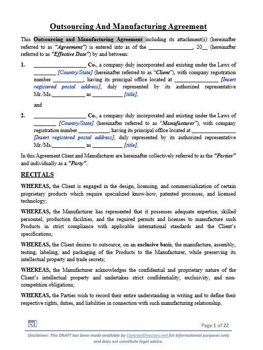 Outsourcing and Manufacturing Agreements