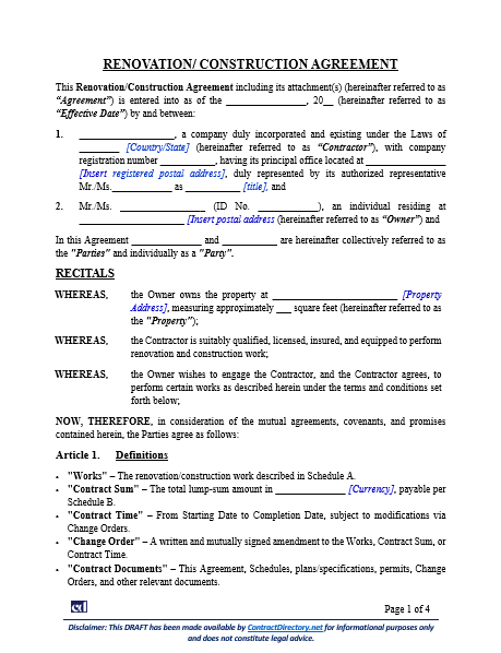 Renovation - Construction Agreement