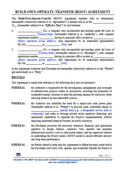 Build-Own-Operate-Transfer Agreement (B.O.O.T)