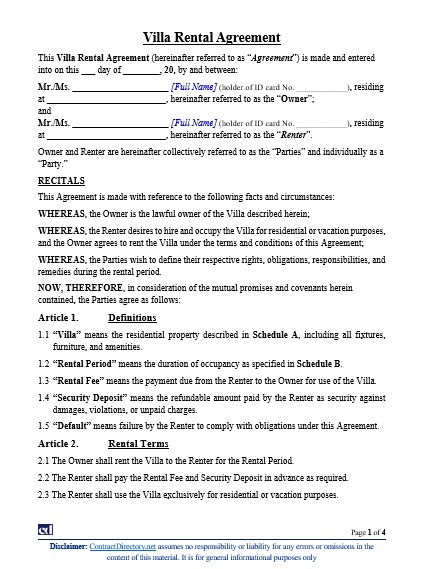 Villa Rental Agreement