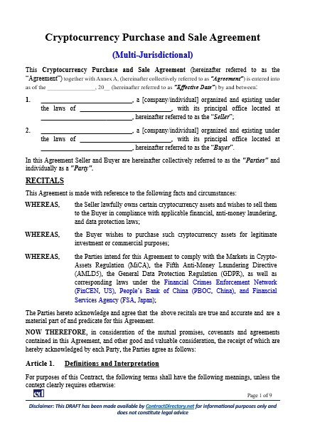 Cryptocurrency Purchase and Sale Agreement