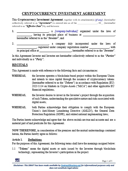 Cryptocurrency Investment Agreement