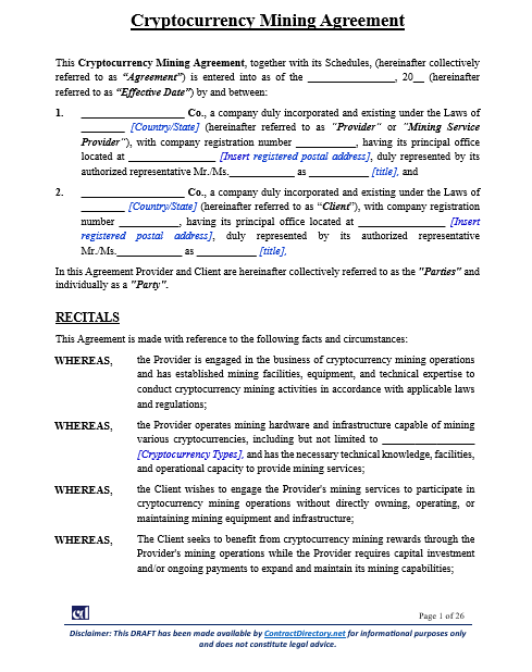 Cryptocurrency Mining Agreement