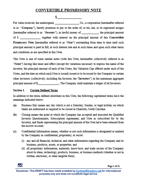 Convertible promissary note