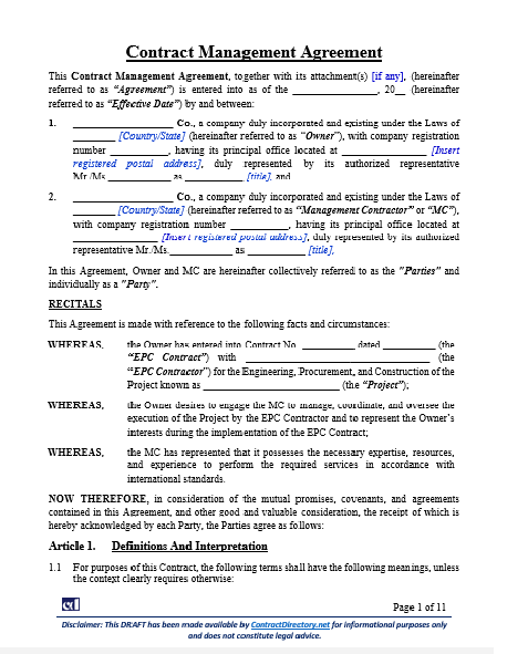 Contract Management Agreement