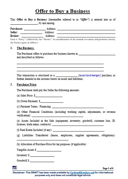 Offer to Buy a Business