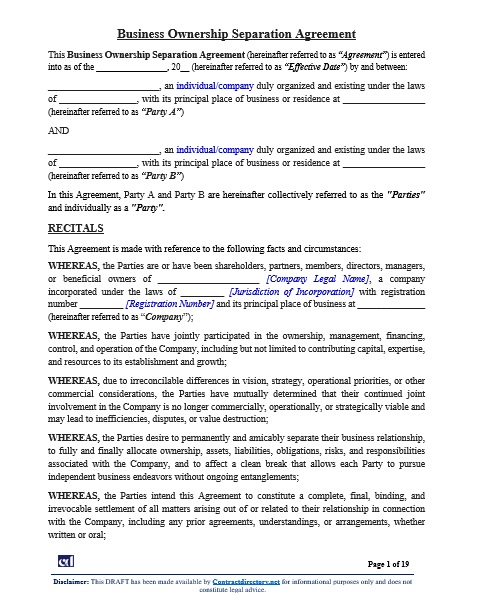 Business Ownership Separation Agreement
