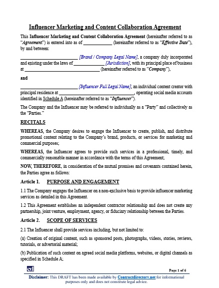 Influencer Marketing and Content Collaboration Agreement