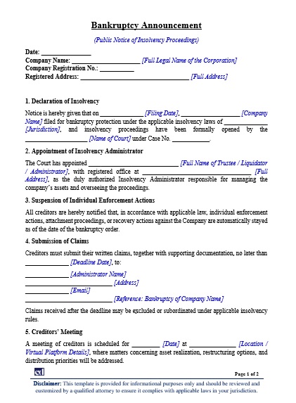 Bankruptcy announcement