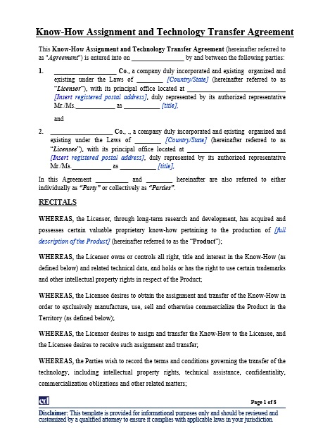 Know-How Assignment and Technology Transfer Agreement